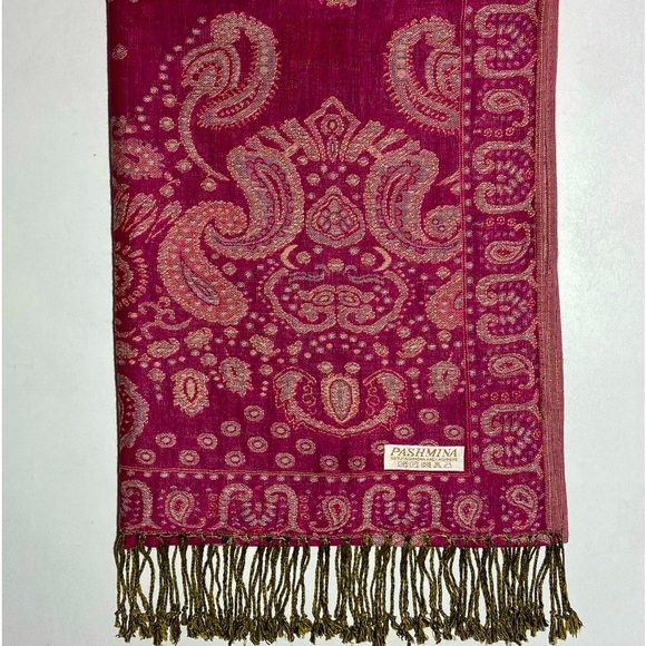 Cashmere Pashmina Rich Raspberry Pink Jacquard Scarf Wrap Light Green Tassels - Picture 14 of 14